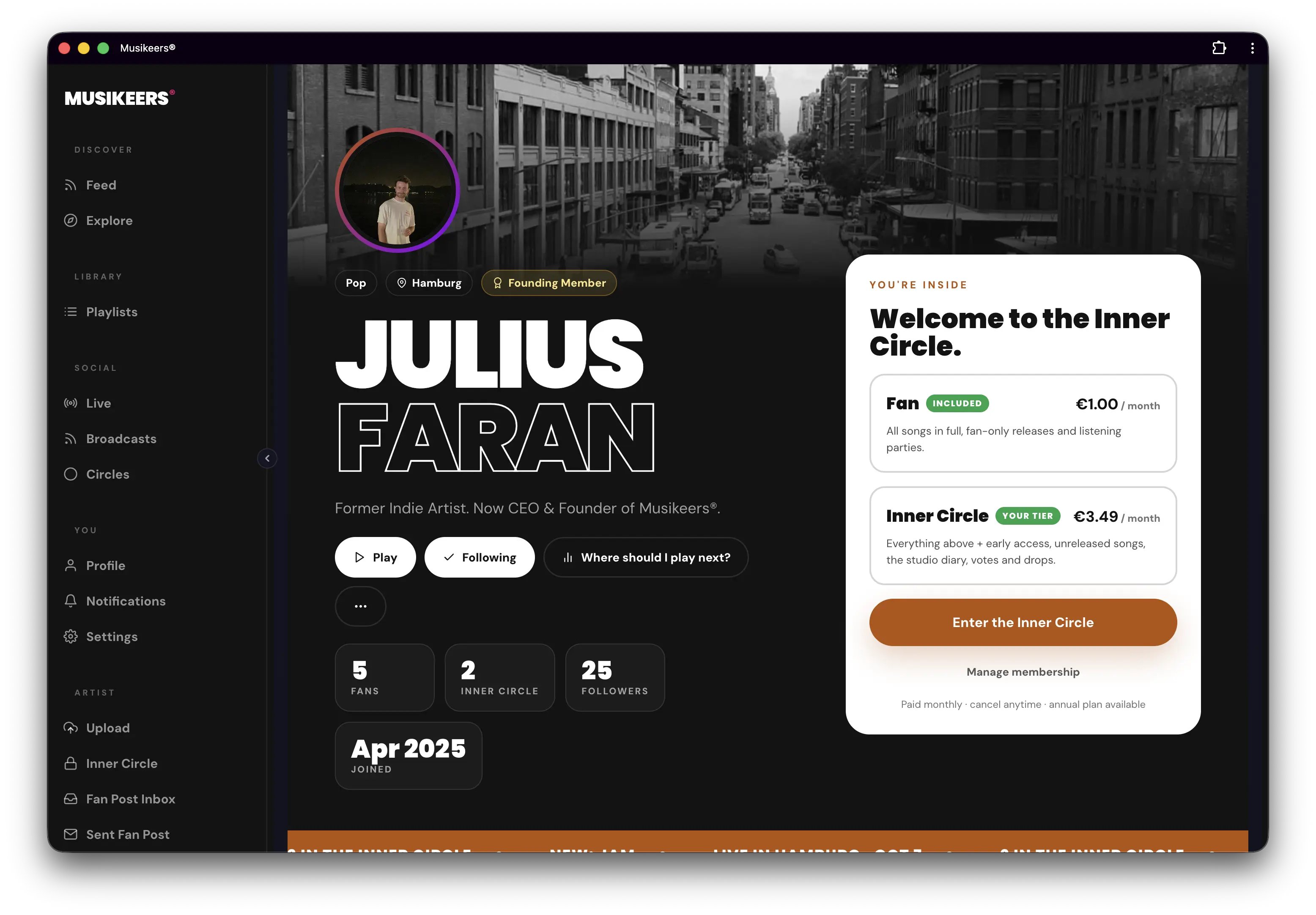 Musikeers artist profile in the web app