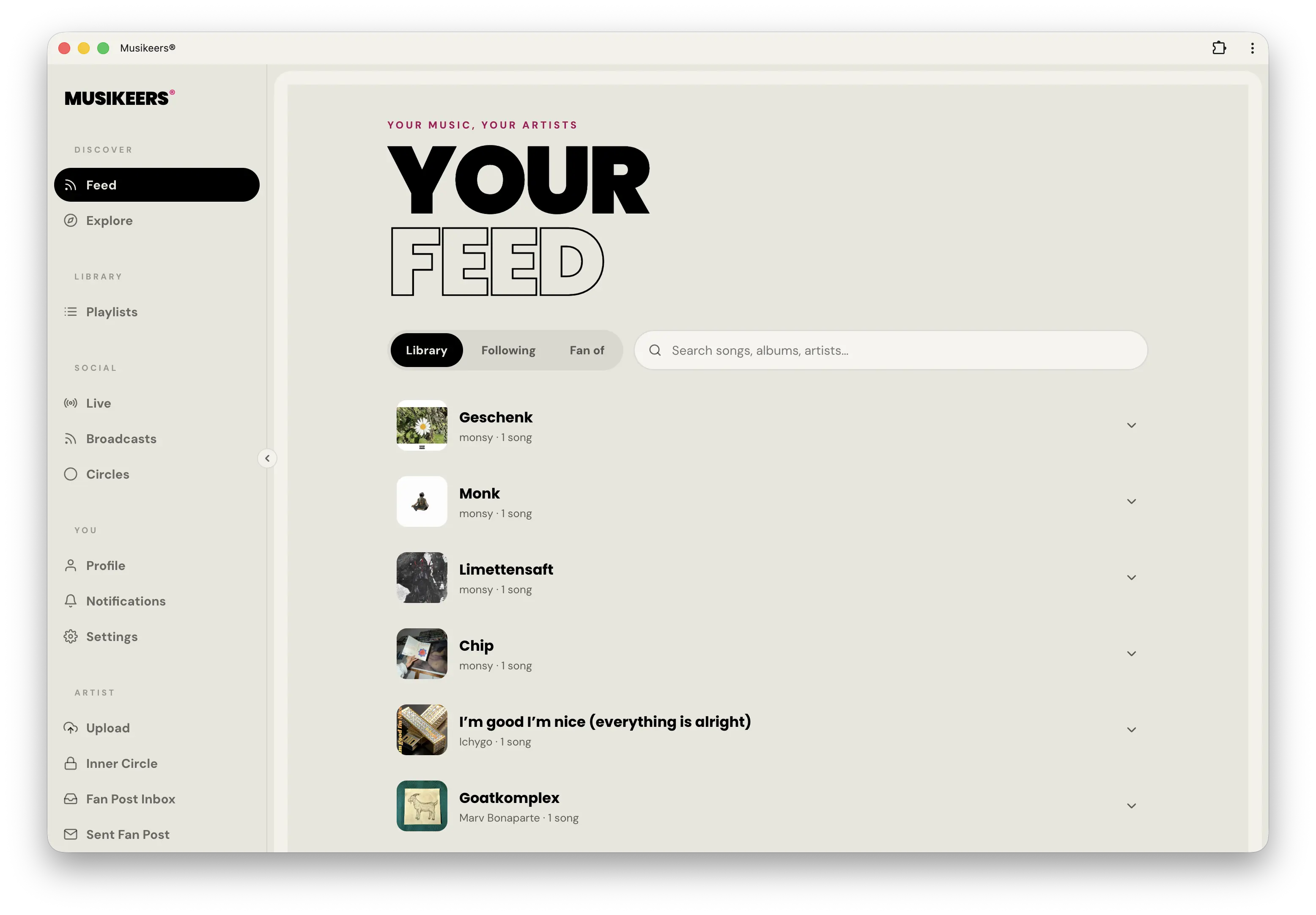 Musikeers feed in the web app