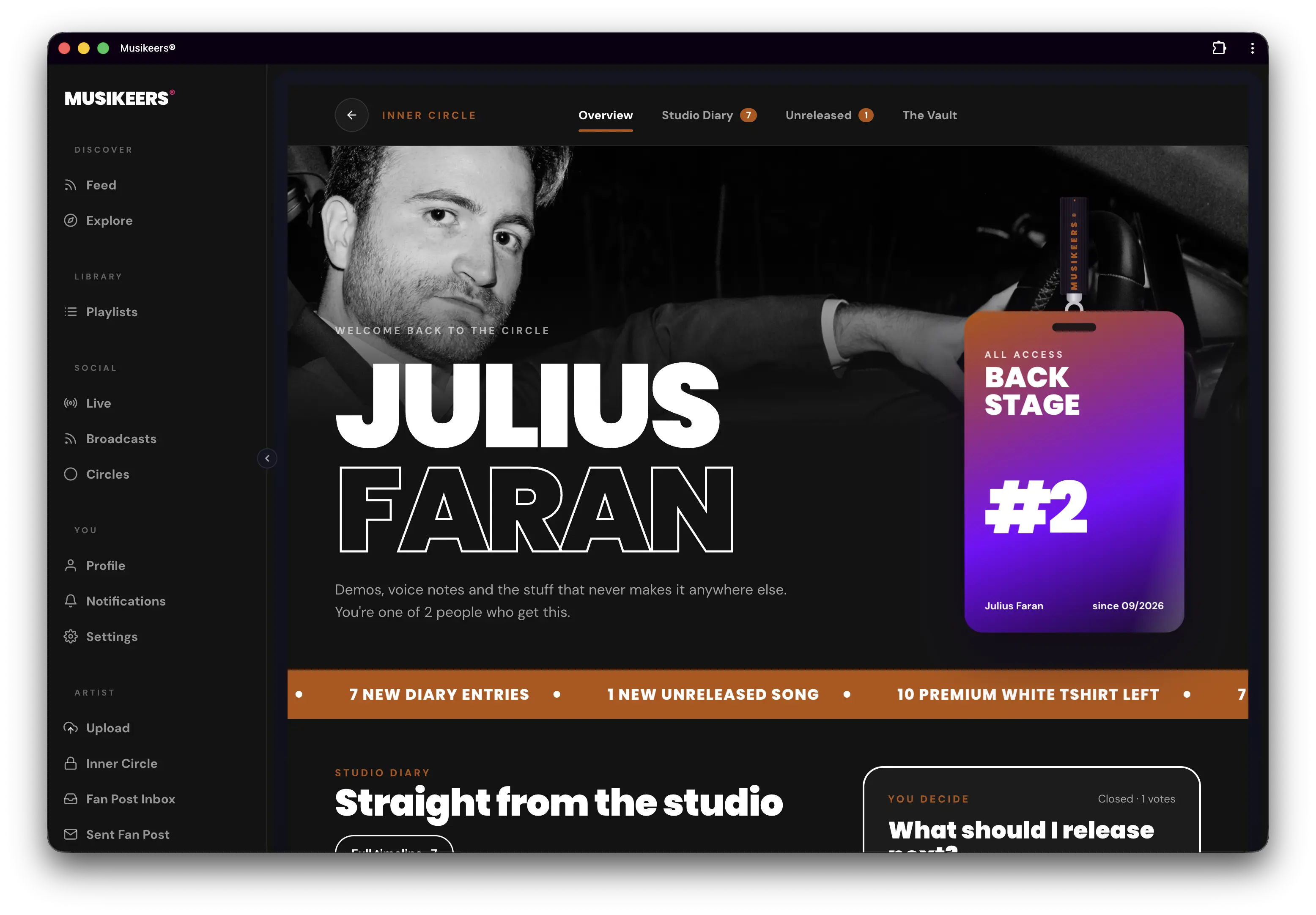 Musikeers Inner Circle in the web app