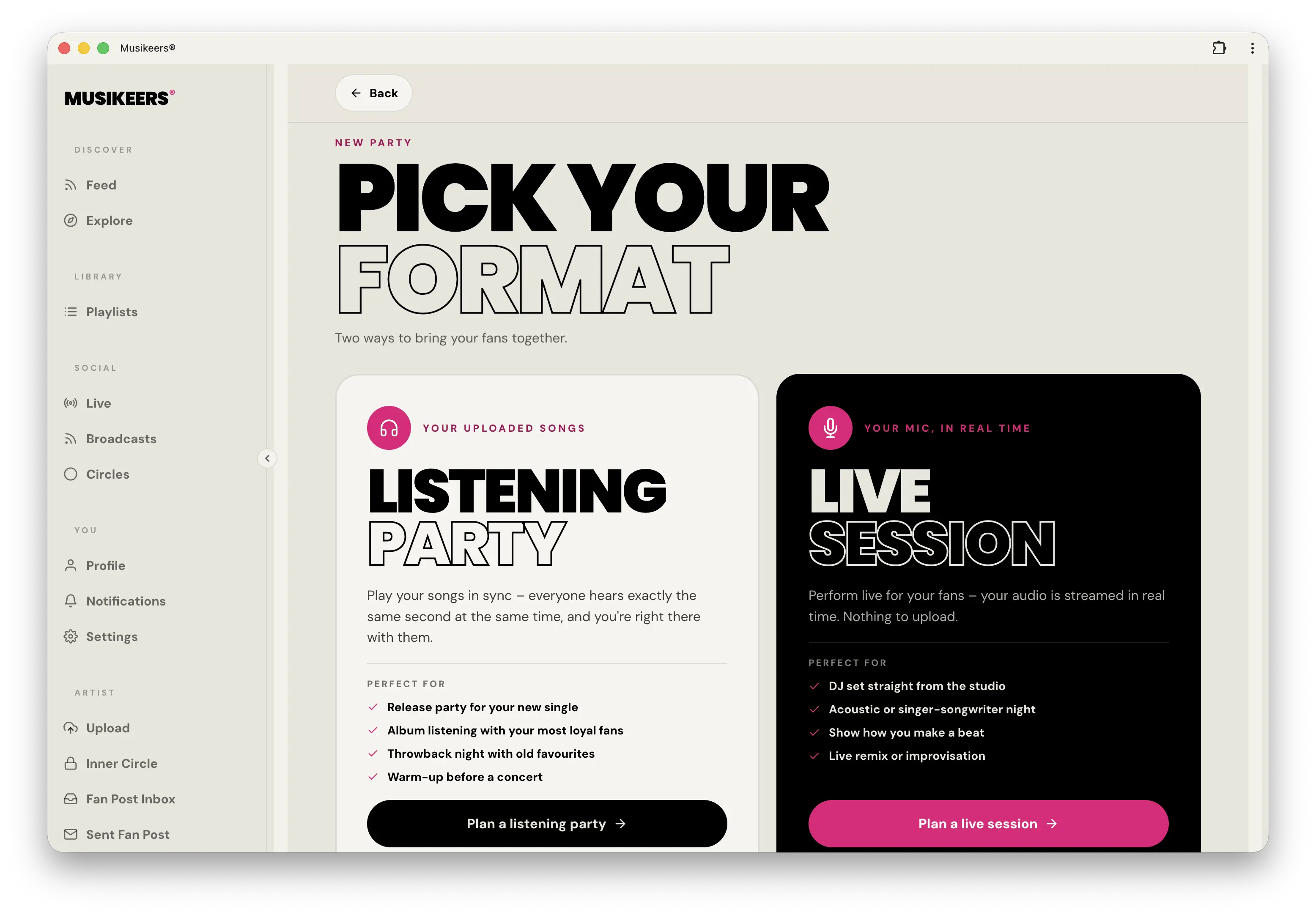 Musikeers Listening Party in the web app